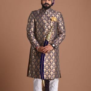 Handmade Navy Blue Golden Brocade Achkan - Regal | Jaipurio